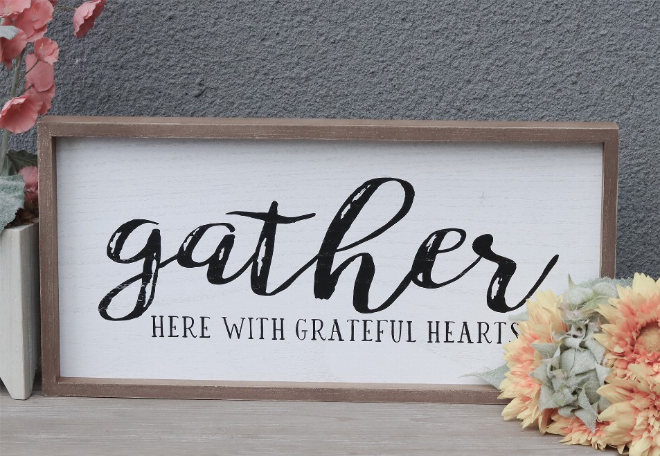 Gather Here with Grateful Hearts Wood Framed Wall Sign- Farmhouse Gather Wall Hanging Decor for Dining Room- Bedroom- Kitchen or