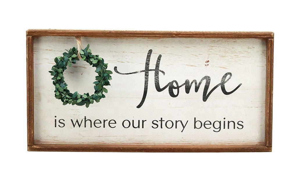 Home is Where Our Story Begins Rustic Wood Signs with Wreath|Farmhouse Wooden Plaque Wall Hanging Signs for Housewarming