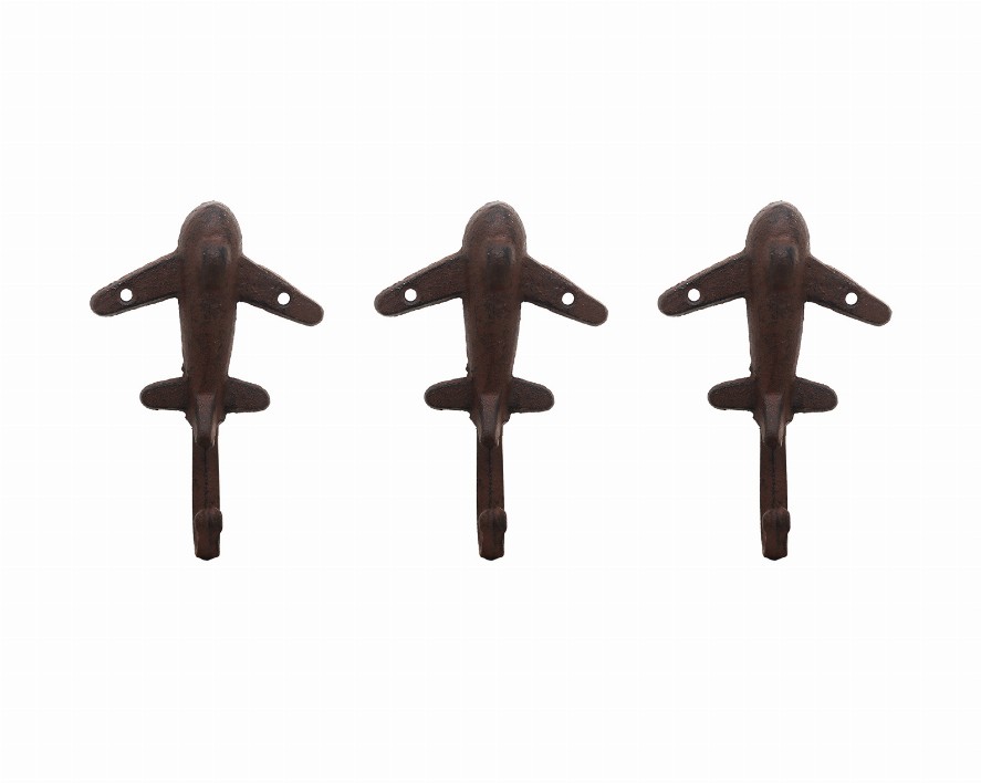 Retro Cast Iron Airplane Wall Hook- Antique Brown- Set of 3