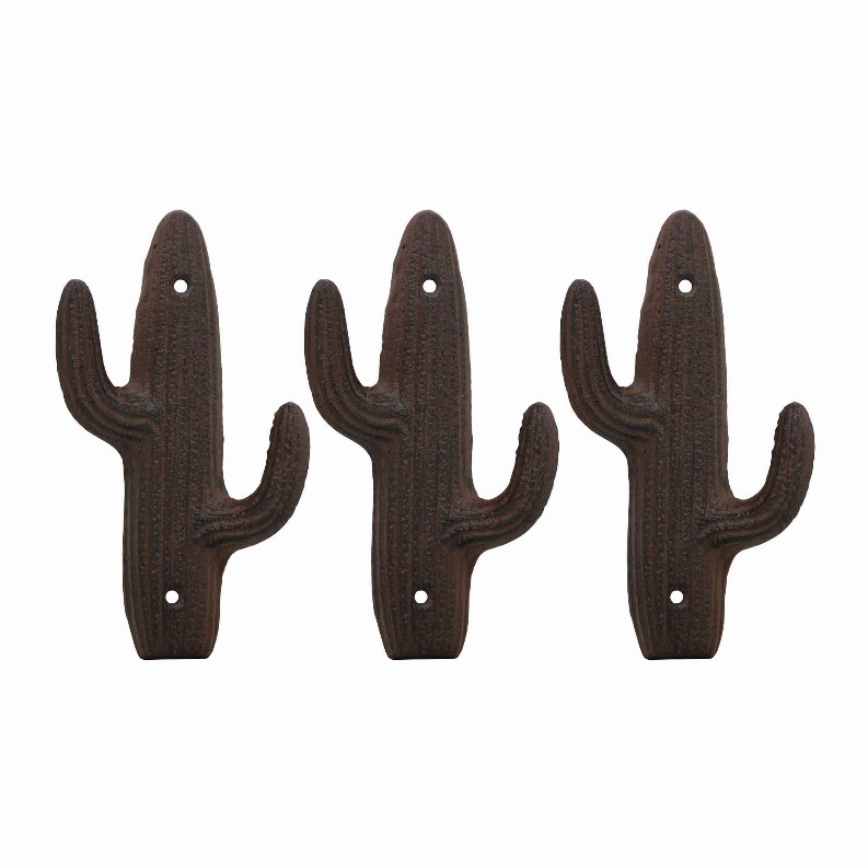 Retro Cast Iron Cactus Wall Hooks- Decorative Wall Hanging Hooks for Coat Towel Keys and More- Antique Brown- Set of 3