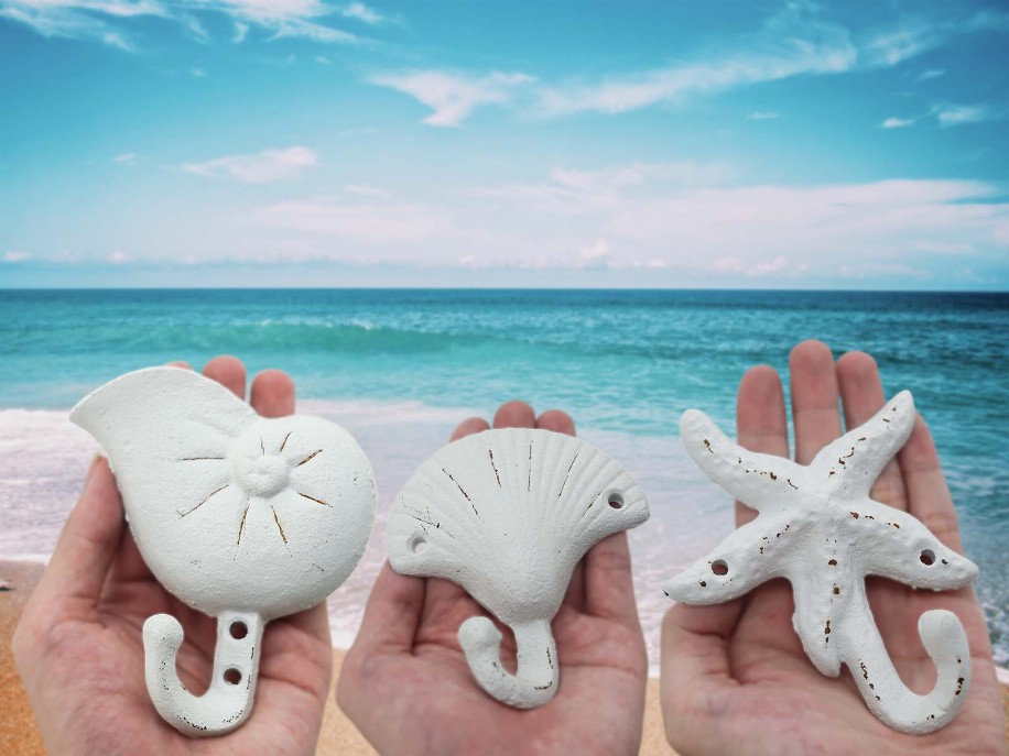 Sea Snail Starfish Shell Shape Cast Iron Nautical Wall Hooks Set- 3-Pack Assorted Rustic White Seaside-Themed Wall Mount Coat Ho