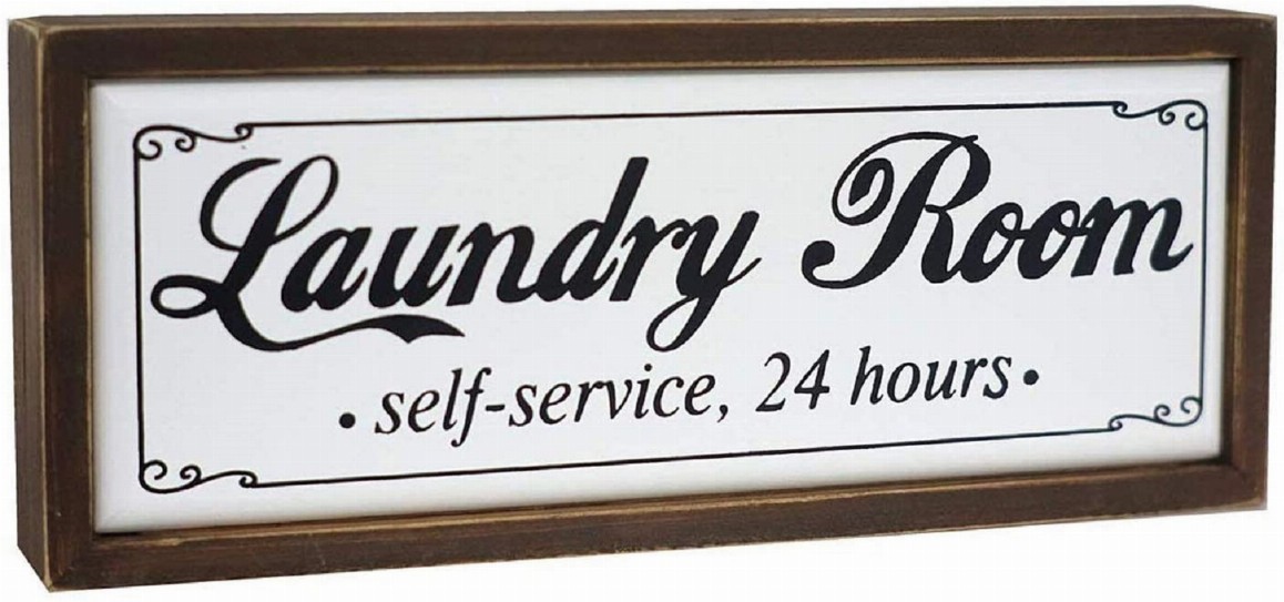 Small Laundry Room Self-Service 24 Hours Wood Block Sign- Farmhouse Rustic Wood Tabletop Decor for Laundry Room- Freestanding La