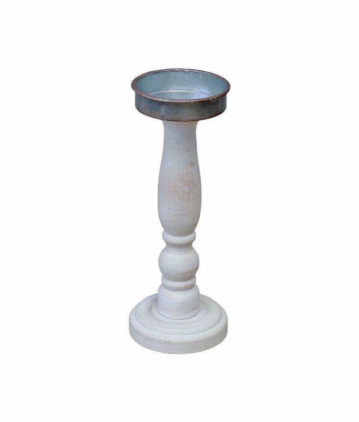 White Distressed Carved Wooden Pillar Candle Holder for Table Mantle- Shabby Chic Wooden Candle Holder Stick Stand for Christmas