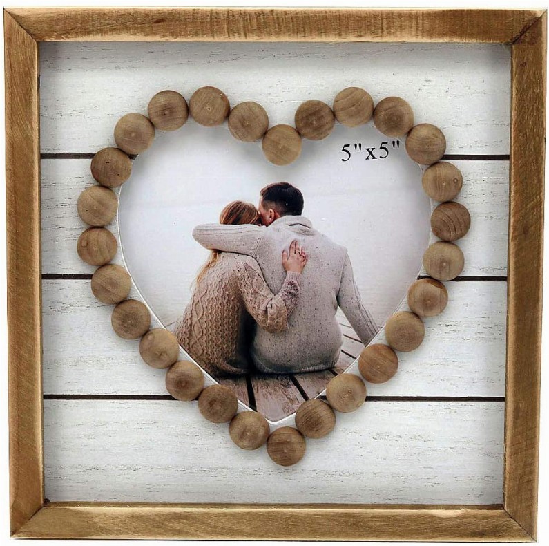 Wood Heart-Shaped Picture Frames|Cute Farmhouse Style Vintage Photo Frame with Wood Beads