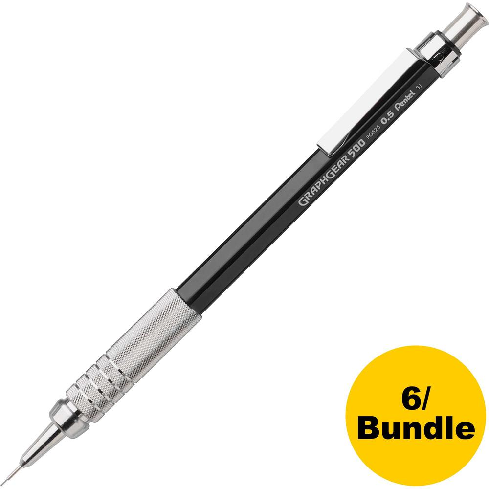 Pentel GraphGear 500 Mechanical Pencils - HB Lead - 0.5 mm Lead Diameter - Refillable - Black Barrel - 6 / Bundle