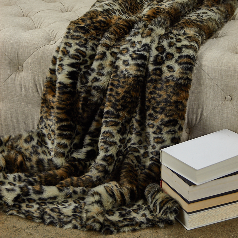 Plutus Faux Fur Luxury Throw Blanket 90L x 90W Full Brown and Beige
