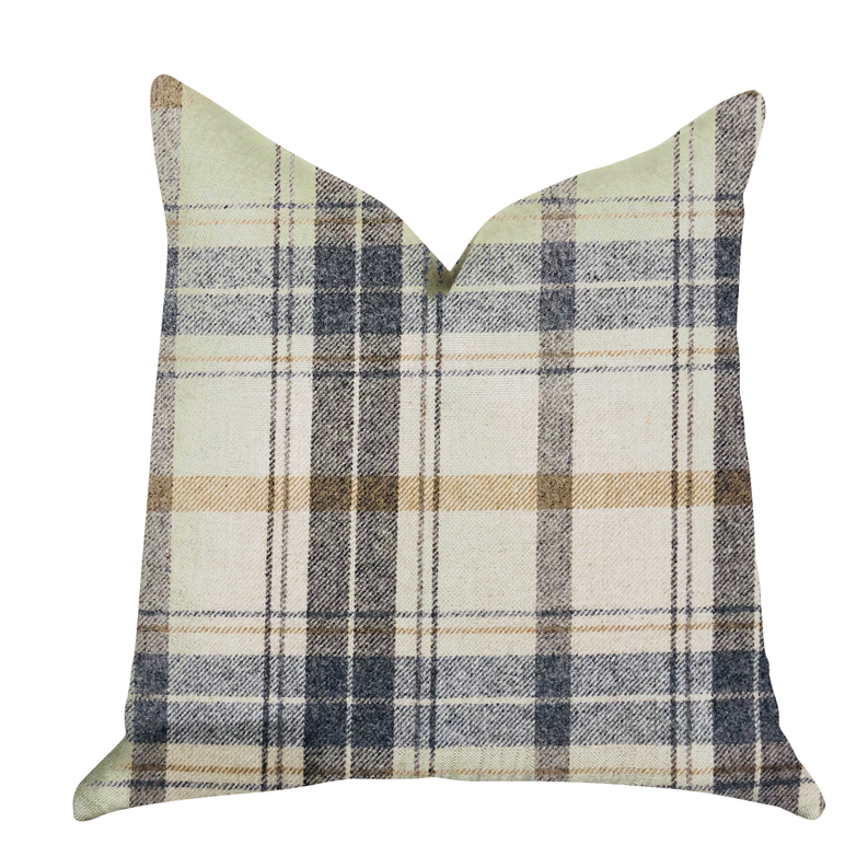 Plutus Plaid Rendezvous Luxury Throw Motif Pillow Double sided  26" x 26" Beige, Blue, Brown