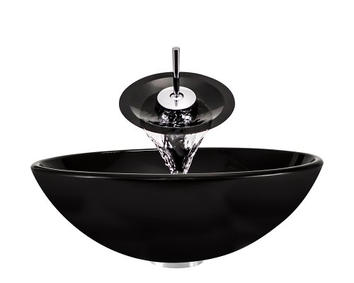 P106 Black Chrome Bathroom Ensemble (Vessel Sink, Waterfall Faucet, Pop-Up Drain, & Sink Ring)