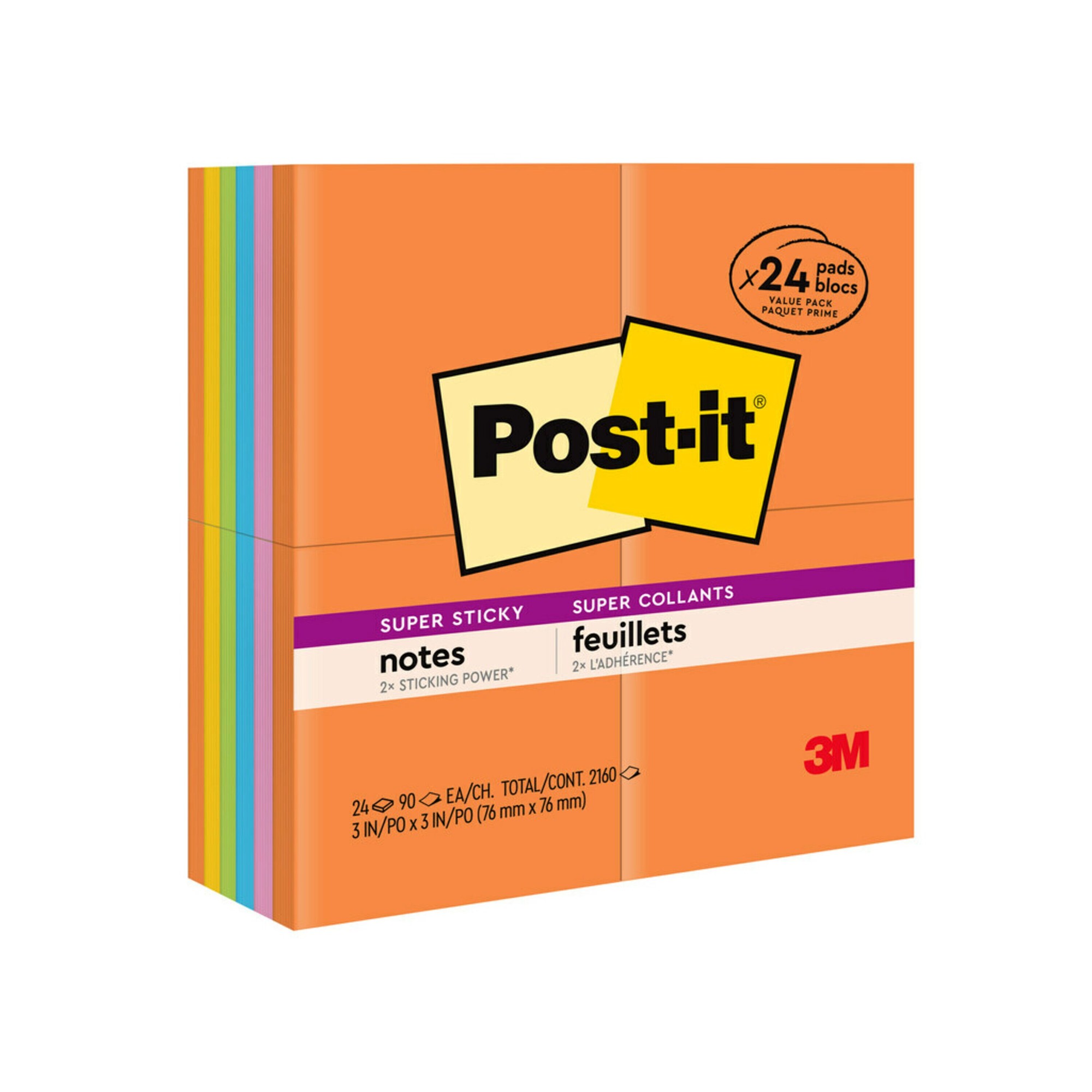 Post-it Super Sticky Notes - Energy Boost Color Collection - 1680 x Multicolor - 3" x 3" - Square - 70 Sheets per Pad - Vit