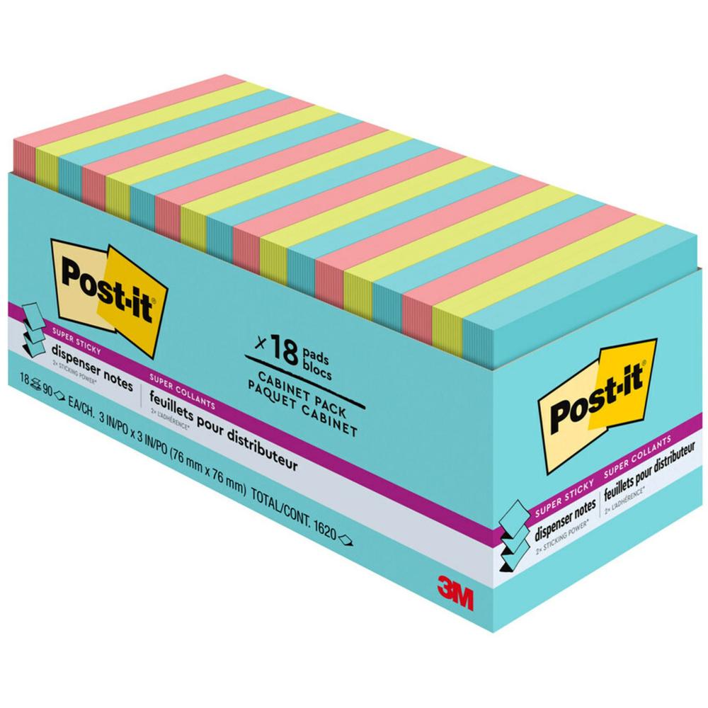 Post-it Super Sticky Dispenser Notes - Supernova Neons Color Collection - 3" x 3" - Square - 90 Sheets per Pad - Aqua Splas