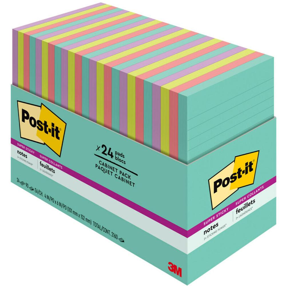 Post-it Super Sticky Notes - Supernova Neons Color Collection - 4" x 6" - Rectangle - 45 Sheets per Pad - Blue, Green, Pink