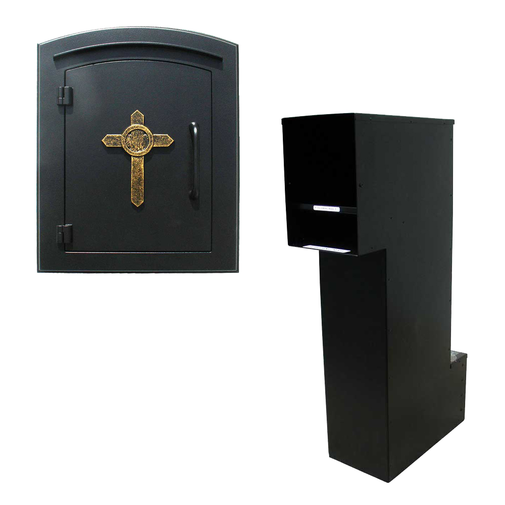 Manchester Column Mounted Mailbox with Secruity Option, Decorative Cross , Black