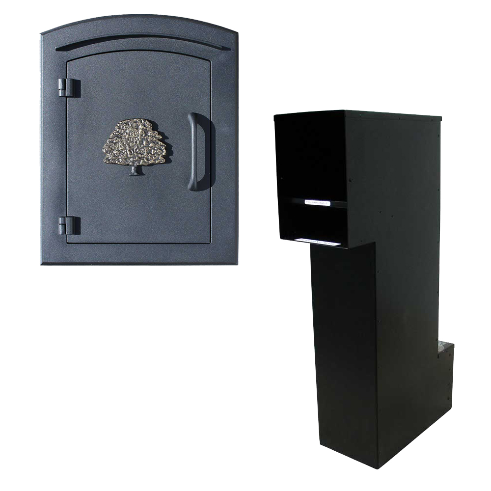 Manchester Column Mounted Mailbox with Secruity Option, Decorative Oak Tree, Black