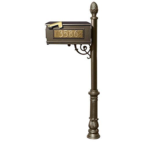 Lewiston Mailbox (Bronze) with Post (Ornate Base & Pineapple Finial), 3 Address Plates, Support Brace