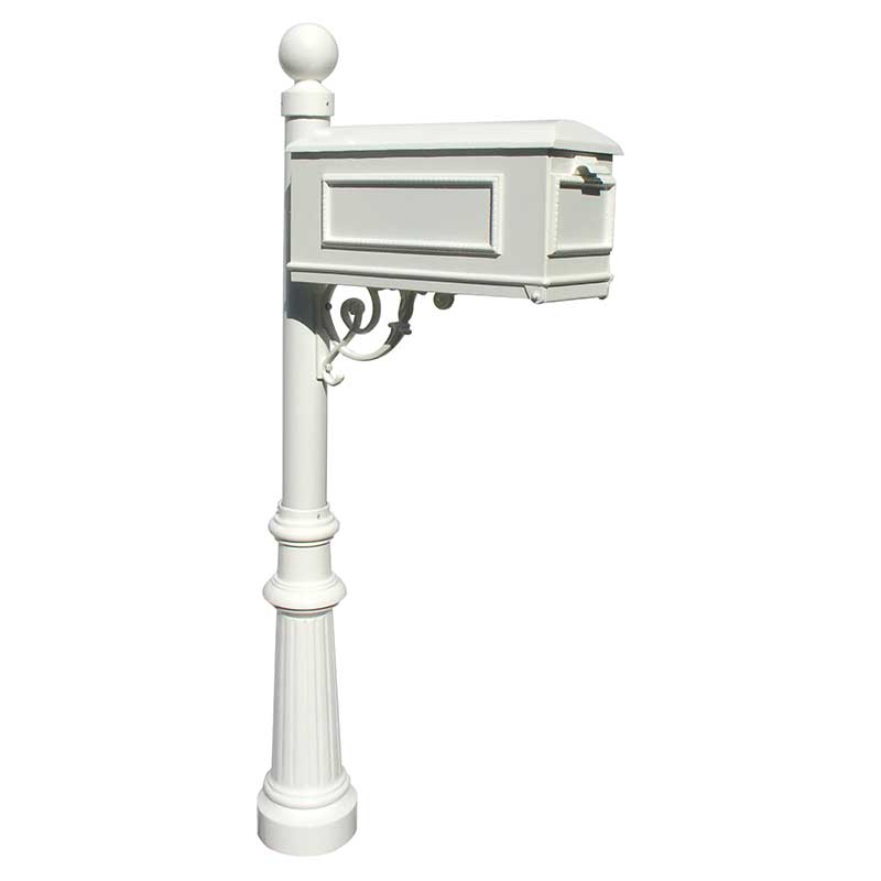 Lewiston Mailbox (White) with Post (Fluted Base & Ball Finial), 3 Address Plates, Support Brace