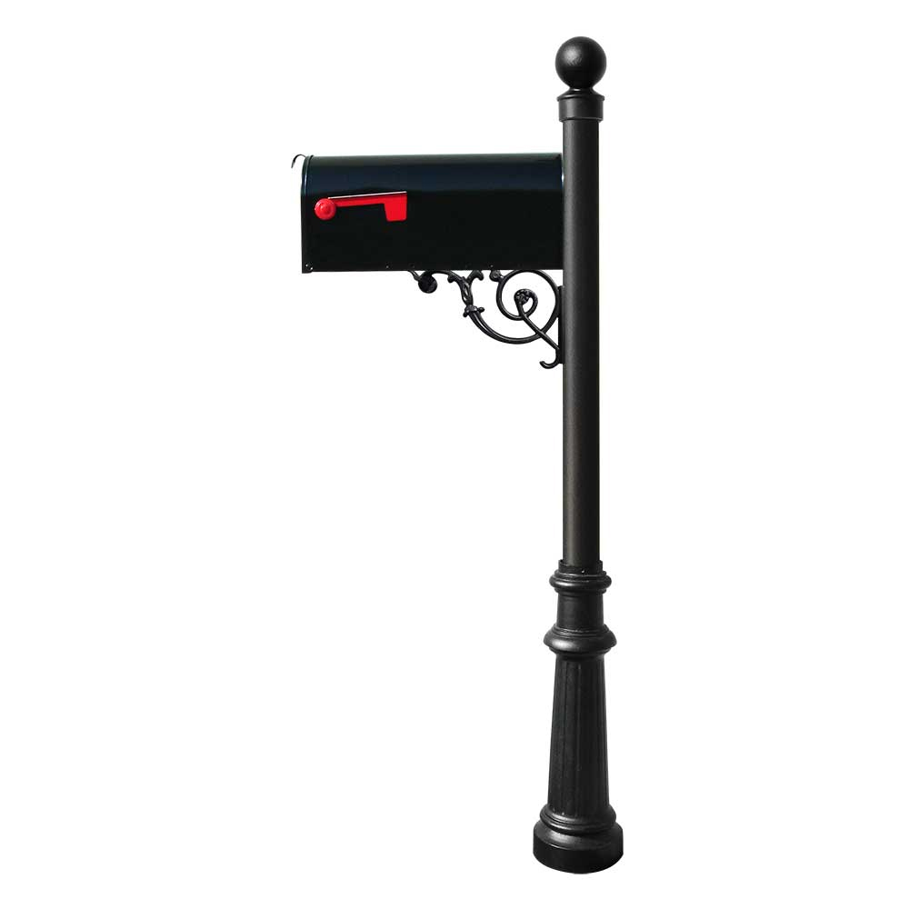 Lewiston Post (Black) with Support Brace, E1 Economy Mailbox, Mounting Plate, Fluted Base & Ball Finial