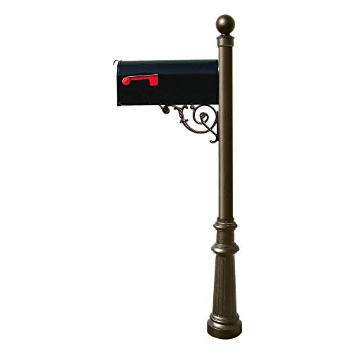 Bronze Lewiston Post with Support Brace, E1 Economy Mailbox, Mounting Plate, Fluted Base & Ball Finial