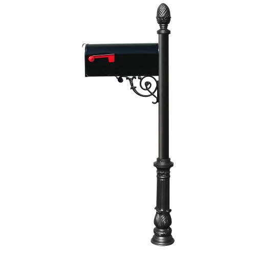 Black Lewiston Post with Support Brace, E1 Economy Mailbox, Mounting Plate, Ornate Base & Pineapple Finial