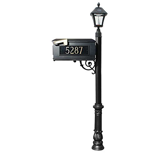 Lewiston Mailbox (Black) with Post, 3 Address Plates, Support Brace, Ornate Base, Black Solar Lamp