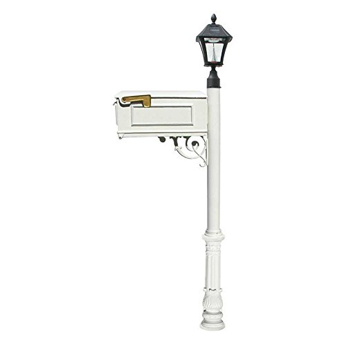 Lewiston Mailbox (White) with Post, 3 Address Plates, Support Brace, Ornate Base, Black Solar Lamp