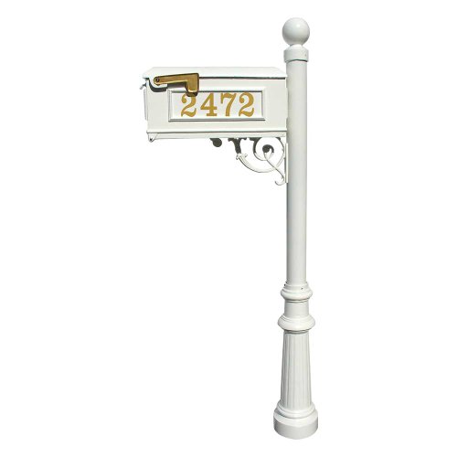 Lewiston Mailbox (White) with Post (Fluted Base & Ball Finial), Vinyl Numbers, Support Brace