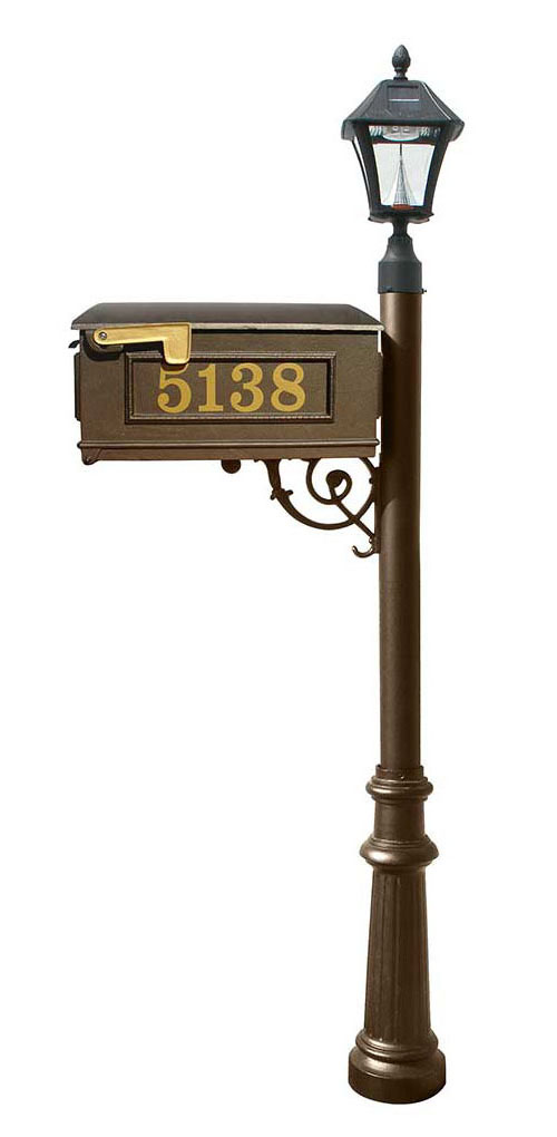 Lewiston Mailbox (Bronze) with Post, Vinyl Numbers, Support Brace, Fluted Base, Black Solar Lamp