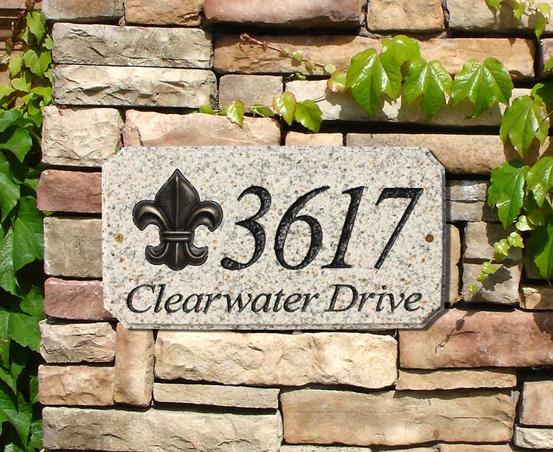 StoneMetal "FLEUR DE LIS LOGO" Rectangle Solid Granite Address Plaque in Autumn Leaf Color