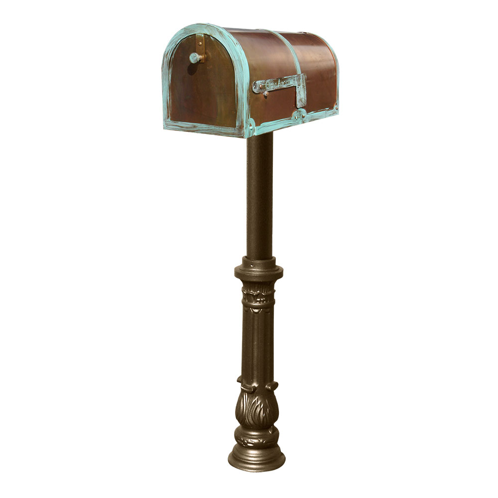 Brass Mailbox in Antique Brass Patina with decorative Hanford #7 Ornate base post in Bronze