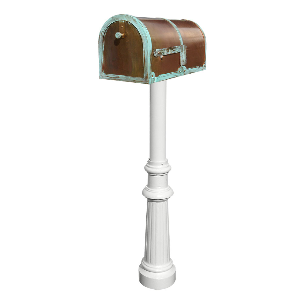 Brass Mailbox in Antique Brass Patina with decorative Hanford #8 Fluted base post in White