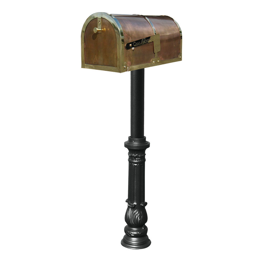 Brass Mailbox in Polished Brass with decorative Hanford #7 Ornate base post in Black