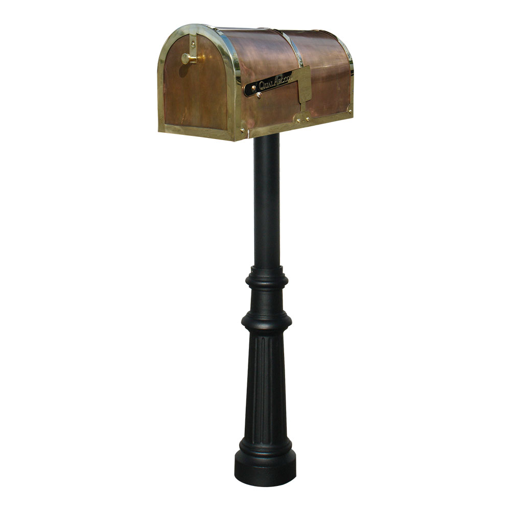 Brass Mailbox in Polished Brass with decorative Hanford #8 Fluted base post in Black