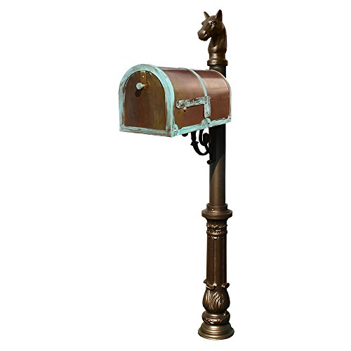 Brass Mailbox In Antique Brass Patina With Decorative Lewiston Post, Ornate Base & Horsehead Finial