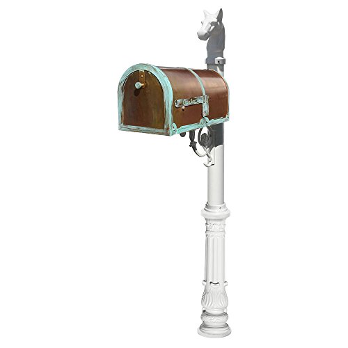 Brass Mailbox In Antique Brass Patina With Decorative Lewiston Post, Ornate Base & Horsehead Finial