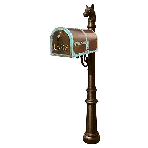Brass Mailbox In Antique Brass Patina With Decorative Lewiston Post, Fluted Base & Horsehead Finial