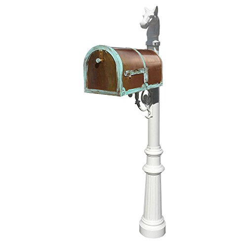 Brass Mailbox In Antique Brass Patina With Decorative Lewiston Post, Fluted Base & Horsehead Finial