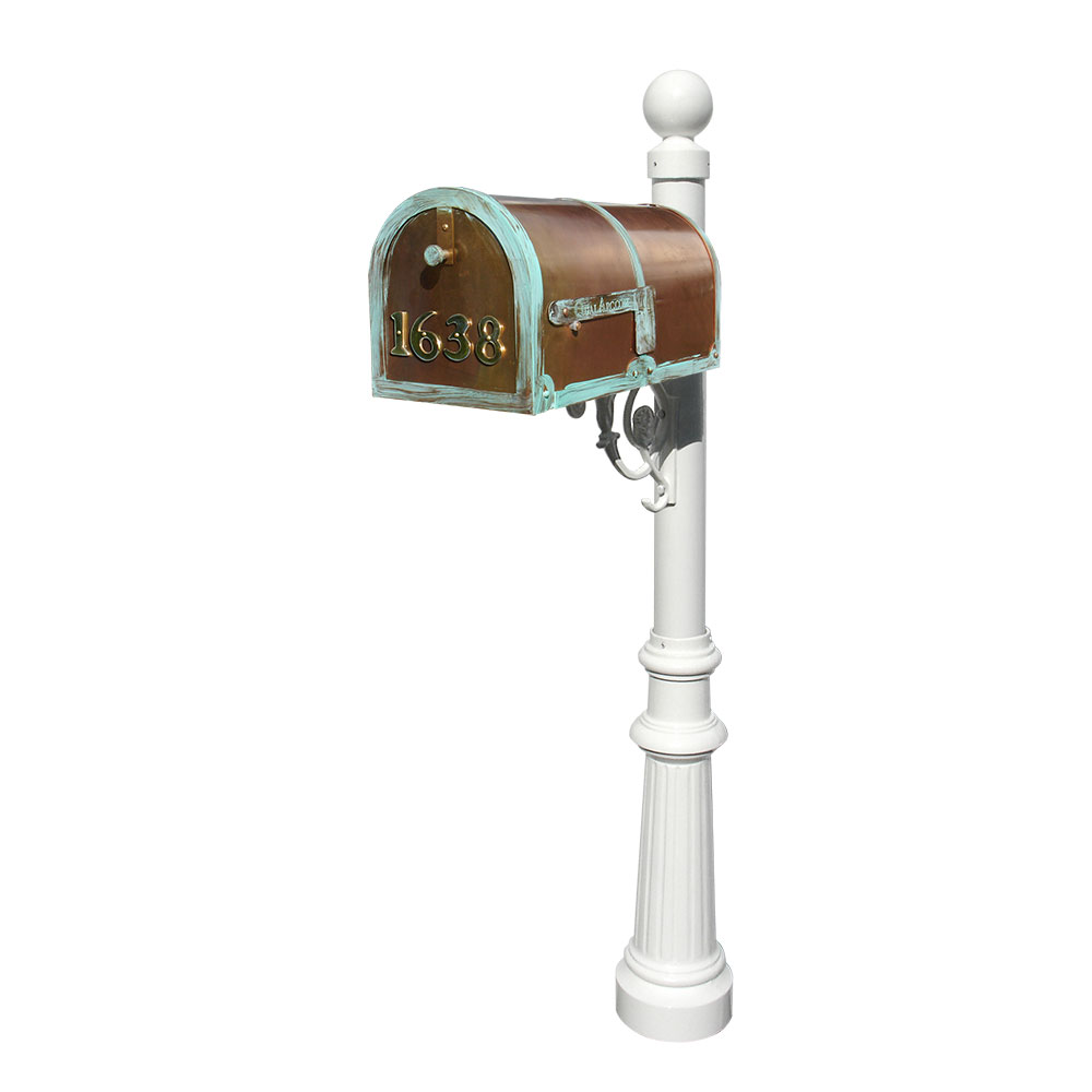 Brass Mailbox in Antique Brass Patina with decorative Lewiston post, #8 Fluted base & #4 Ball finial in