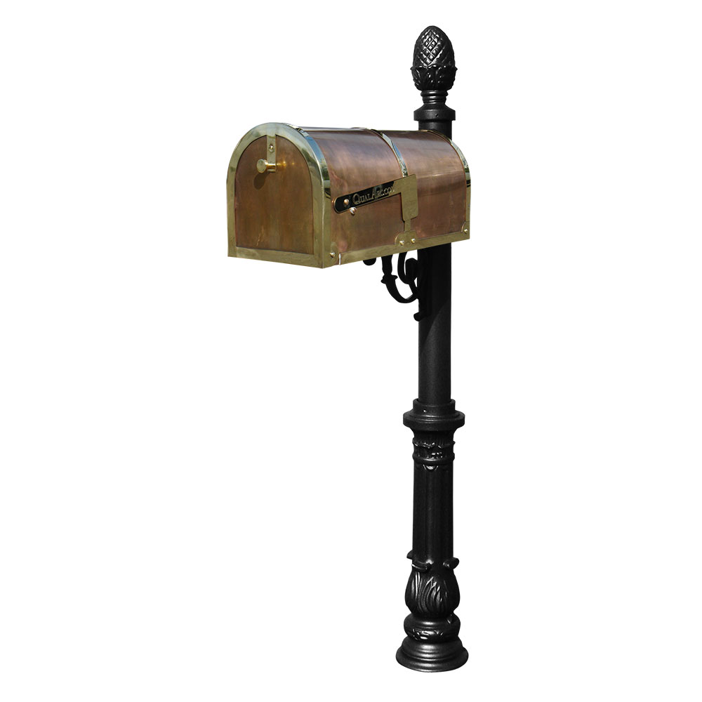 Brass Mailbox in Polished Brass with decorative Lewiston post, #7 Ornate base & #3 Pineapple finial