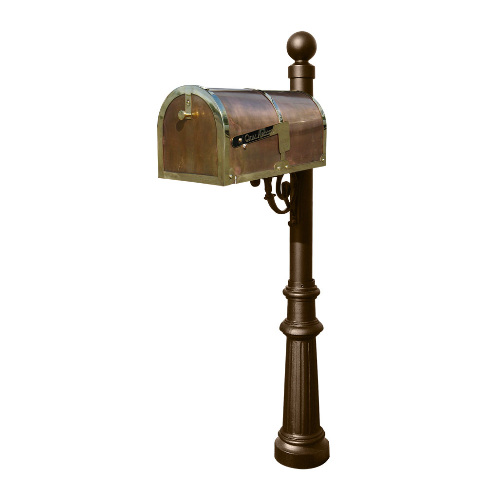 Brass Mailbox in Polished Brass with decorative Lewiston post, #8 Fluted base & #4 Ball finial