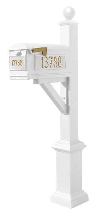Westhaven System with Lewiston Mailbox, (3 Cast Plates) Square Base & Large Ball Finial in (White)