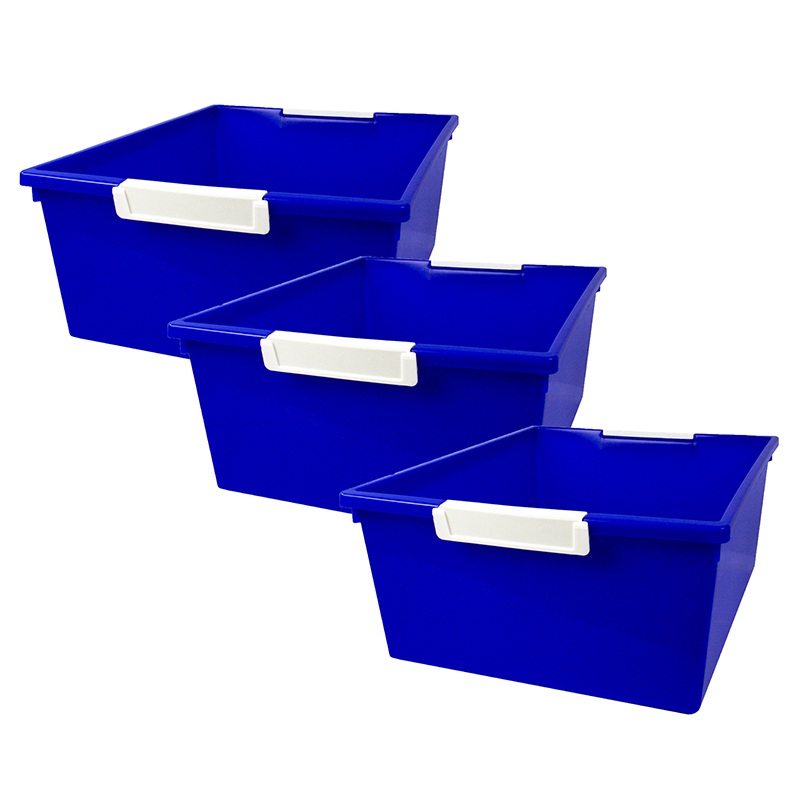 Tattle Tray with Label Holder, 12 QT, Blue, Pack of 3