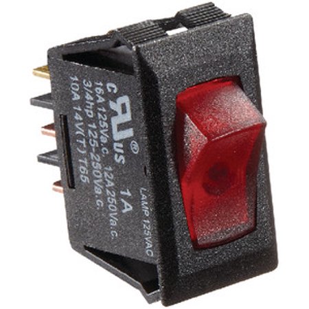 Black W/Red Rocker Switch, 125 Vac, Illuminated On/Off - Spst - Cut-Out .550In X