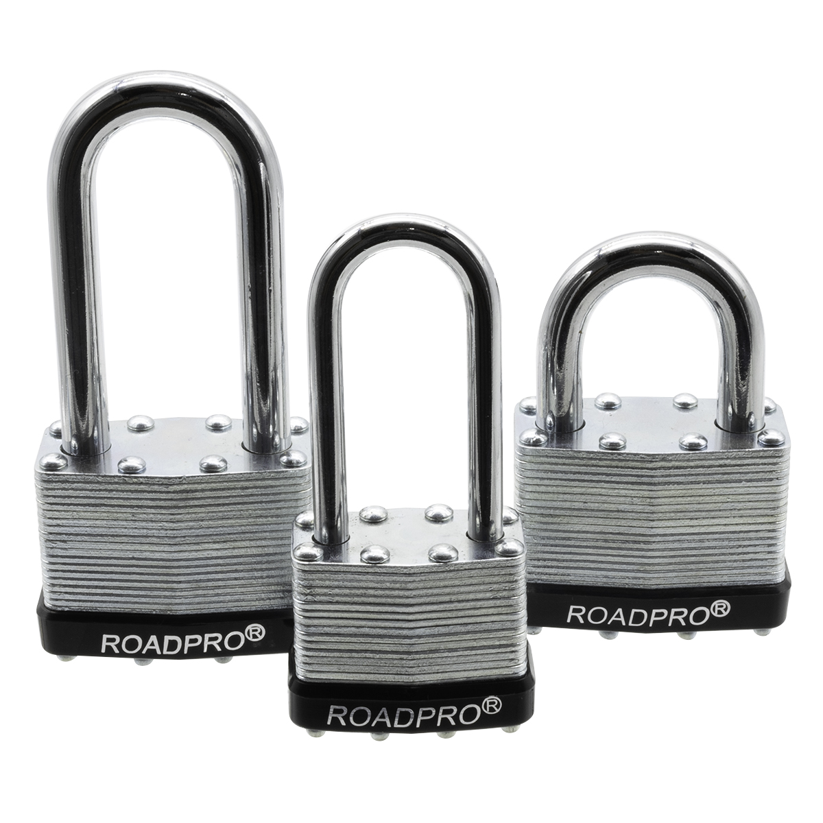 RoadPro 3pc Steel Padlock Set RP20LK001 Bumpered Gate Locks for Outdoor Fence with Duplicate Keys