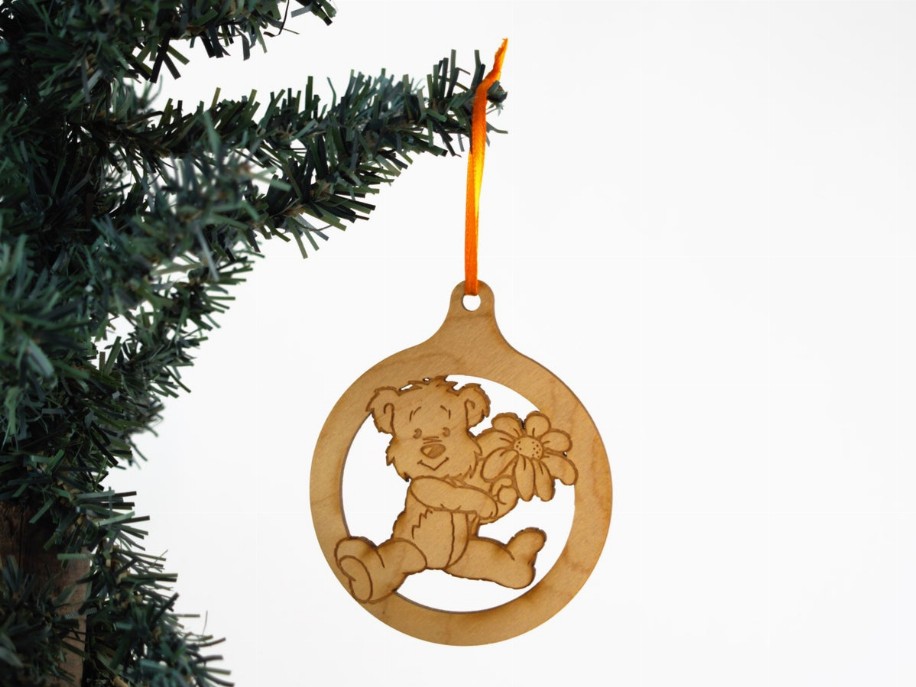 Christmas Themed Unfinished Tree Ornament - Bear with Flower