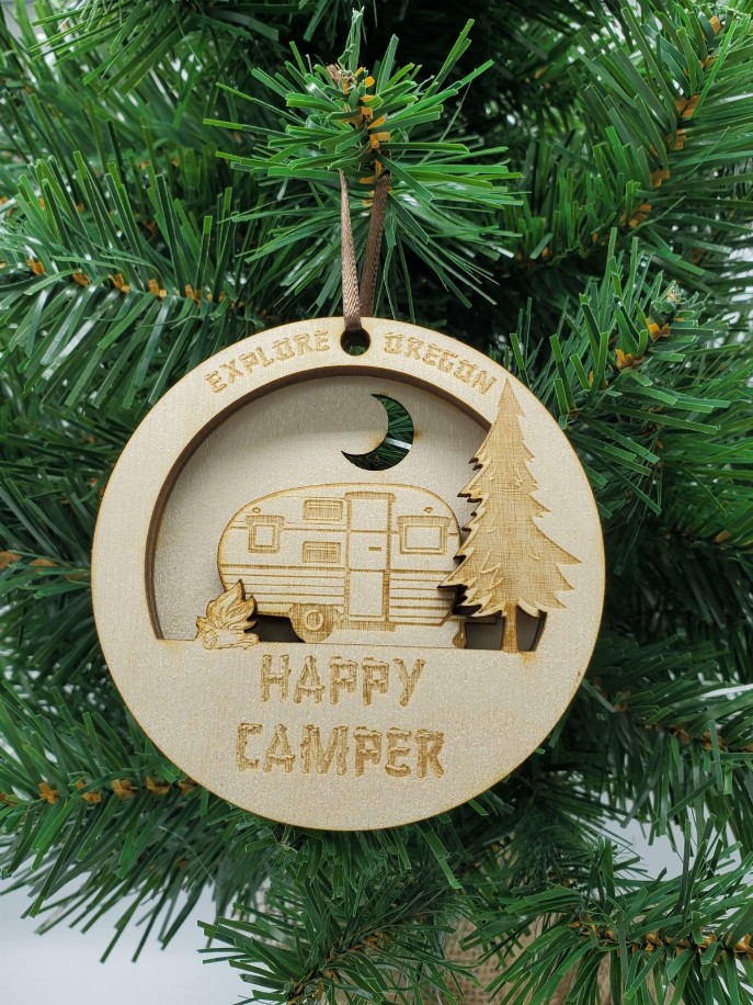 Unfinished Christmas Wood Ornament - Happy Camper 3D Ornament Oregon