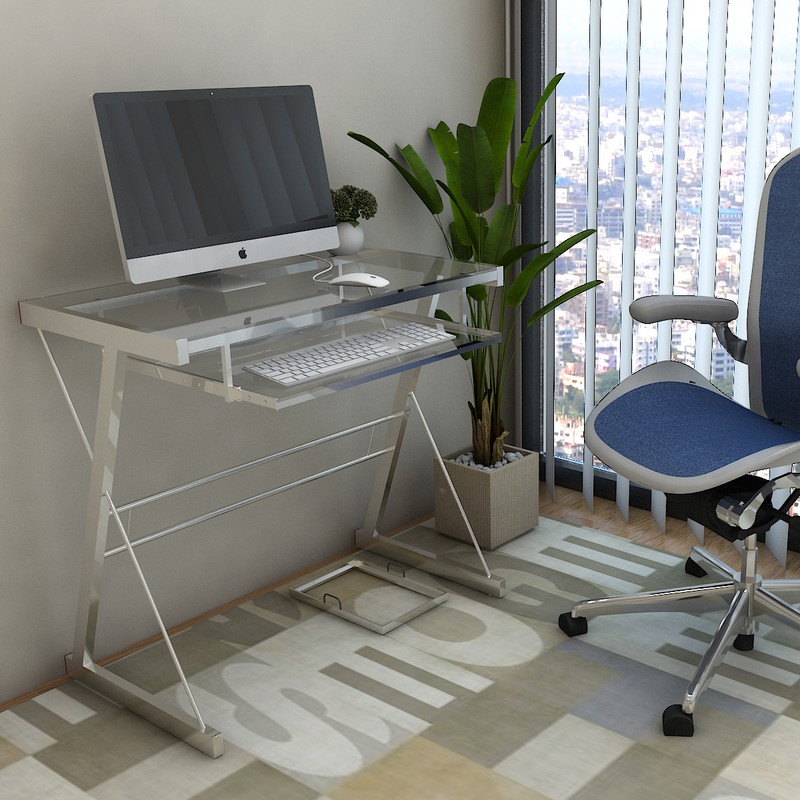 Ryan Rove Becker Metal and Glass Computer Desk - Home and Office Desks with Keyboard Tray - Writing and Laptop Console Table for