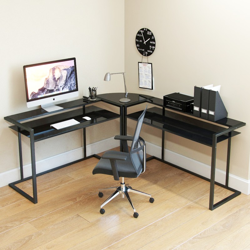 Ryan Rove Belmac 3 Piece L Shaped Computer Desk - Home and Office Corner Organizer with Side Table and Keyboard Tray - Laptop, M