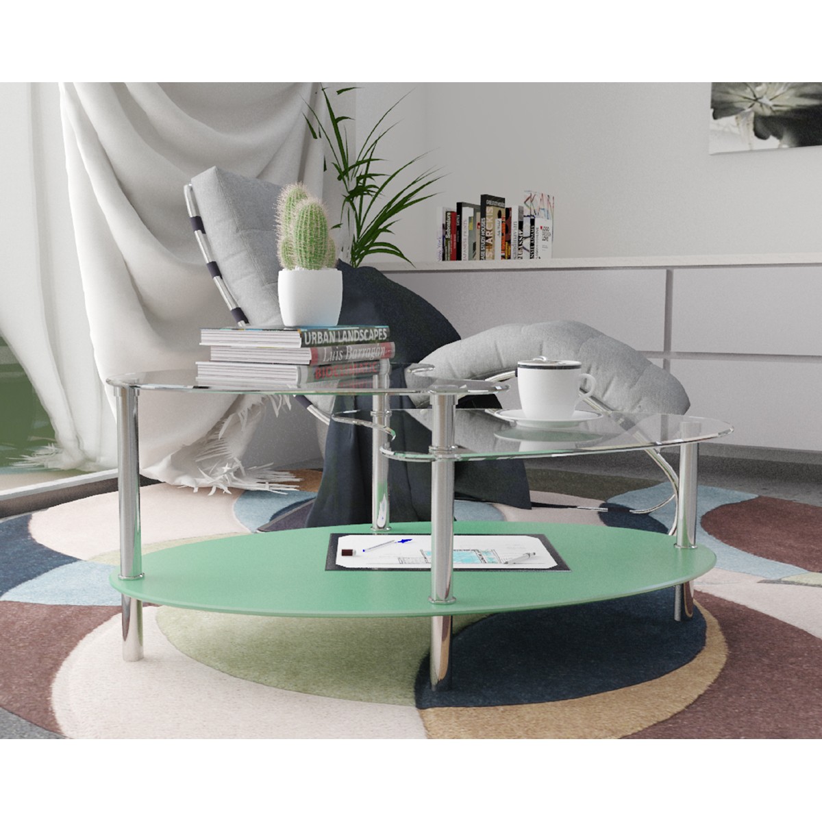 Ryan Rove Cleveland Oval Glass Coffee Table Modern Home Decor with Black Me... 