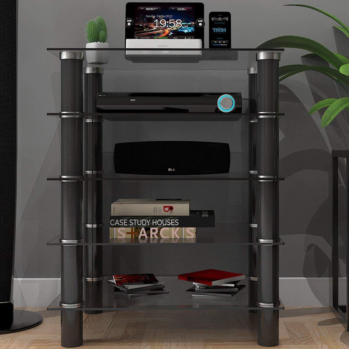 Ryan Rove Hamlin Clear Glass Component Stand - Entertainment Center, Home Theater System, Media Storage, Stereo and Audio Consol