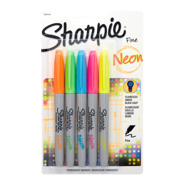 Neon Permanent Markers, Assorted, 5/Pack