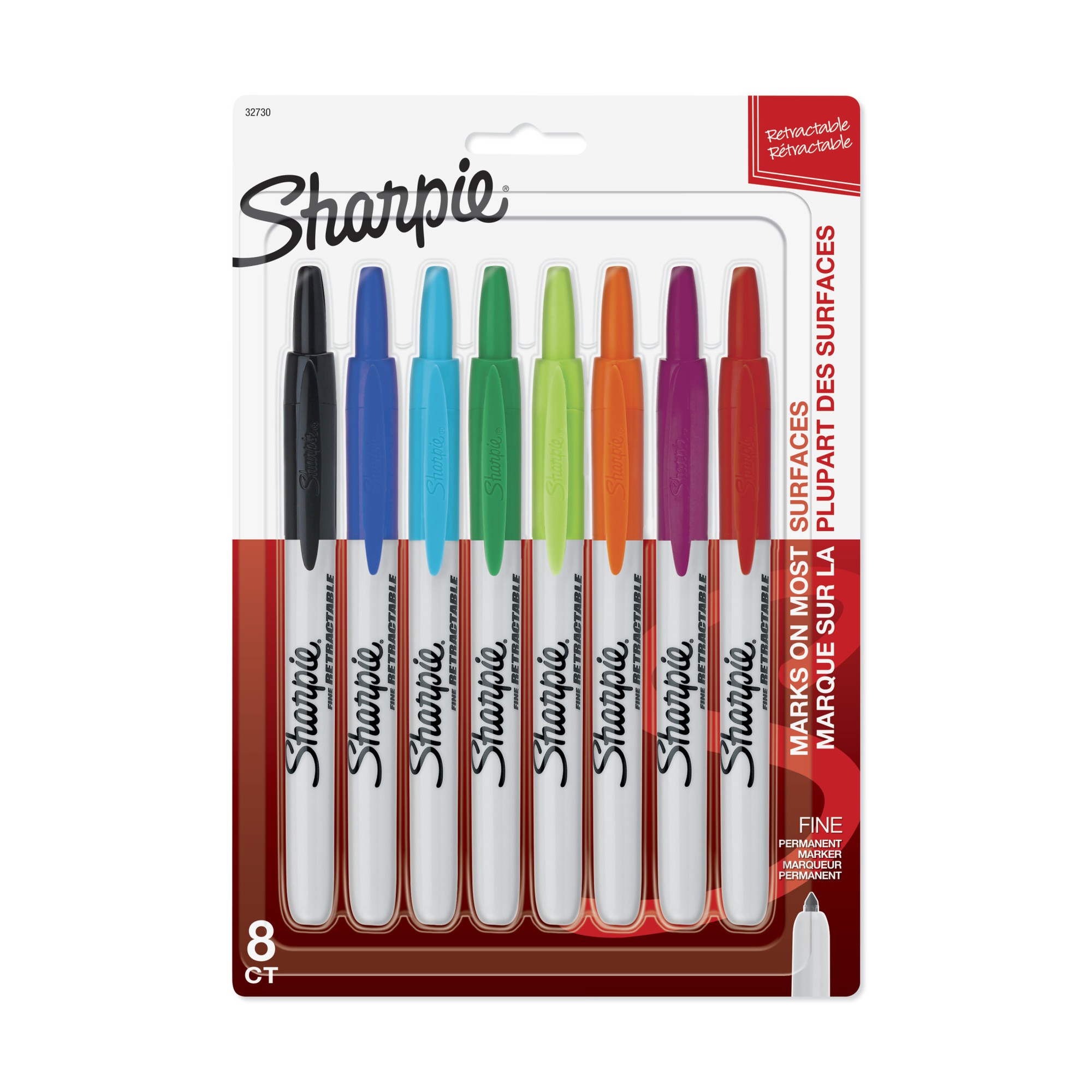 Retractable Permanent Markers, Fine Point, Assorted, 8/Set